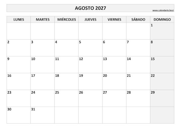 Calendario agosto 2027 en blanco y negro para imprimir gratis, plantilla básica (PDF y JPG)
