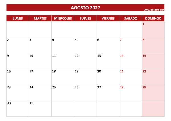 Calendario agosto 2027 para imprimir en blanco, plantilla roja (PDF y JPG)