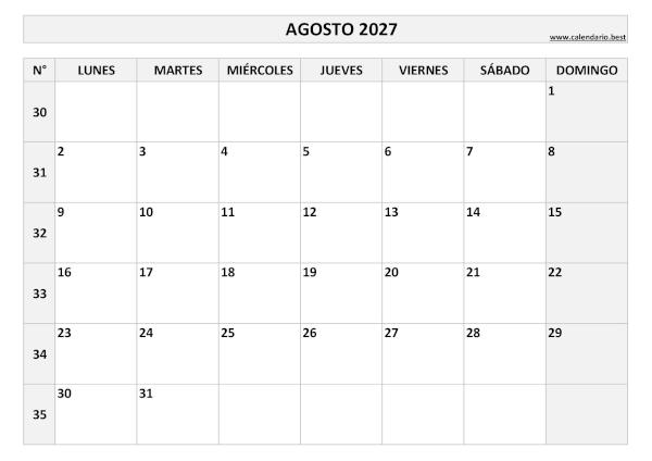 Calendario agosto 2027 con números de semana para imprimir gratis, plantilla en blanco y negro (PDF y JPG)