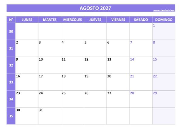 Calendario agosto 2027 con números de semana para imprimir gratis, plantilla morada (PDF y JPG)