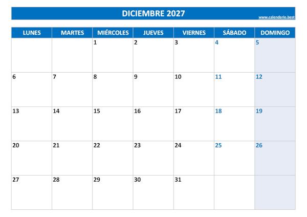 Calendario de diciembre de 2027 en blanco para imprimir gratis, plantilla azul, descarga gratis en PDF o JPG Calendario de diciembre de 2027 en blanco para imprimir