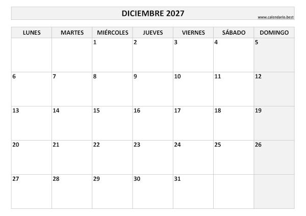 Calendario diciembre 2027 en blanco y negro para imprimir gratis, plantilla básica (PDF y JPG)