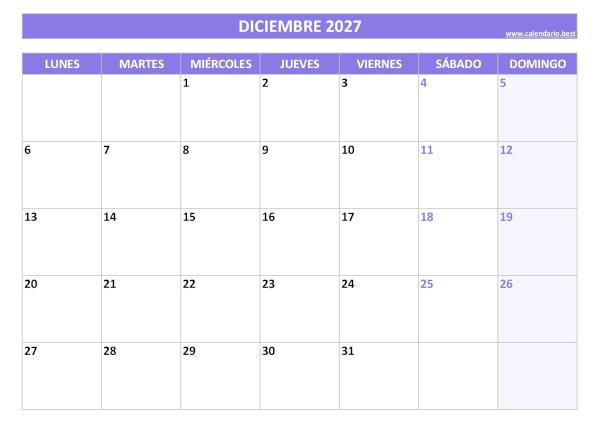 Calendario diciembre 2027 para imprimir gratis, diseño violeta elegante (PDF y JPG)