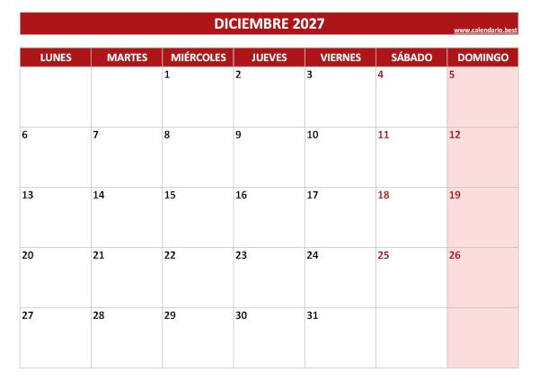 Calendario diciembre 2027 para imprimir en blanco, plantilla roja (PDF y JPG)