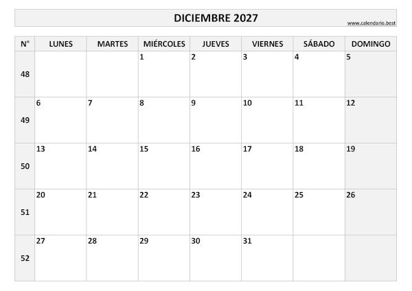 Calendario diciembre 2027 con números de semana para imprimir gratis, plantilla en blanco y negro (PDF y JPG)