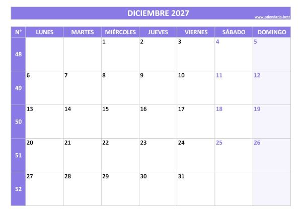 Calendario diciembre 2027 con números de semana para imprimir gratis, plantilla morada (PDF y JPG)