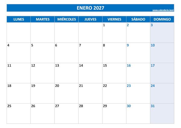 Calendario de enero de 2027 en blanco para imprimir gratis, plantilla azul, descarga gratis en PDF o JPG Calendario de enero de 2027 en blanco para imprimir