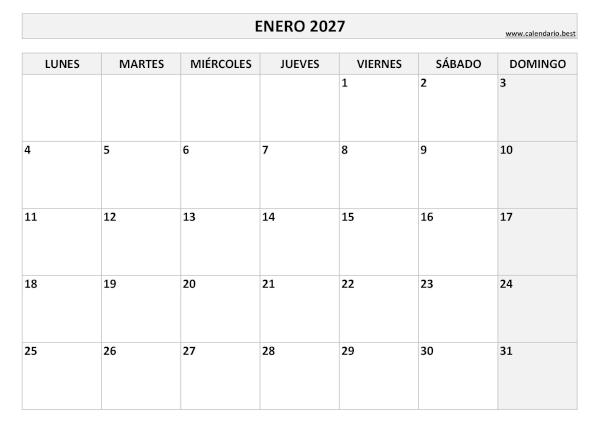 Calendario enero 2027 en blanco y negro para imprimir gratis, plantilla básica (PDF y JPG)