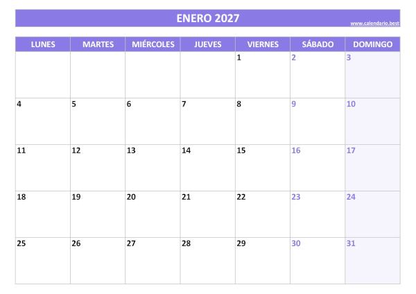 Calendario enero 2027 para imprimir gratis, diseño violeta elegante (PDF y JPG)
