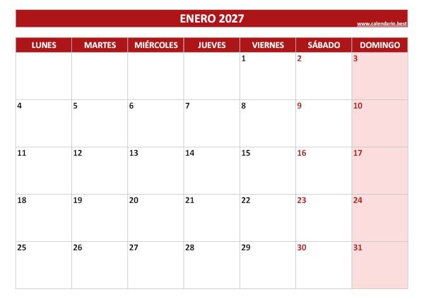 Calendario enero 2027 para imprimir en blanco, plantilla roja (PDF y JPG)