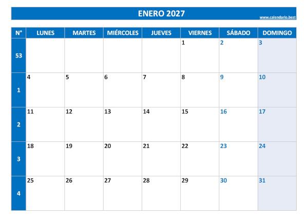 Calendario enero 2027 con números de semana para imprimir gratis, plantilla azul (PDF y JPG)