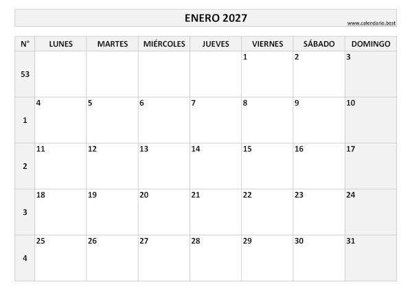 Calendario enero 2027 con números de semana para imprimir gratis, plantilla en blanco y negro (PDF y JPG)