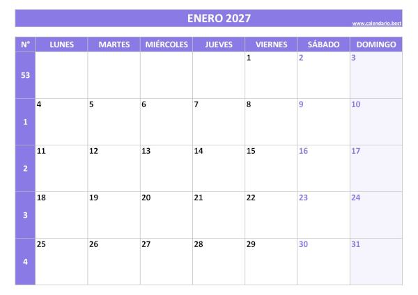 Calendario enero 2027 con números de semana para imprimir gratis, plantilla morada (PDF y JPG)