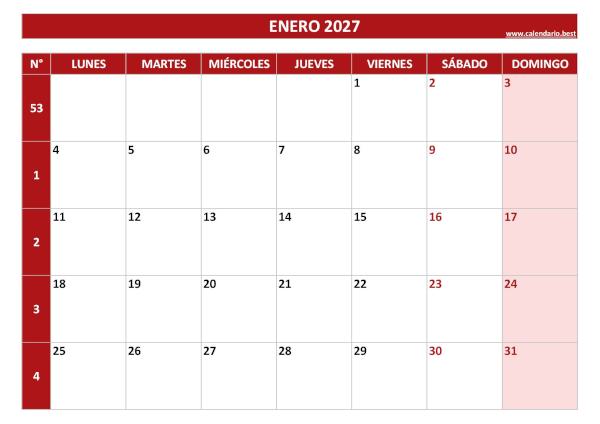 Calendario enero 2027 con números de semana para imprimir gratis, plantilla roja (PDF y JPG)