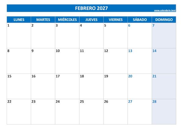 Calendario de febrero de 2027 en blanco para imprimir gratis, plantilla azul, descarga gratis en PDF o JPG Calendario de febrero de 2027 en blanco para imprimir