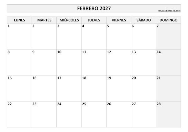 Calendario febrero 2027 en blanco y negro para imprimir gratis, plantilla básica (PDF y JPG)