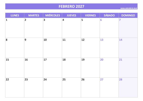 Calendario febrero 2027 para imprimir gratis, diseño violeta elegante (PDF y JPG)