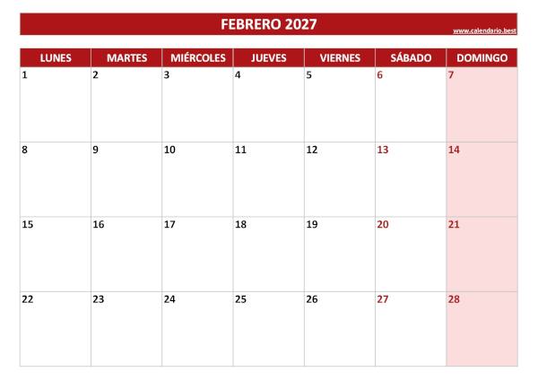 Calendario febrero 2027 para imprimir en blanco, plantilla roja (PDF y JPG)