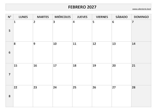 Calendario febrero 2027 con números de semana para imprimir gratis, plantilla en blanco y negro (PDF y JPG)