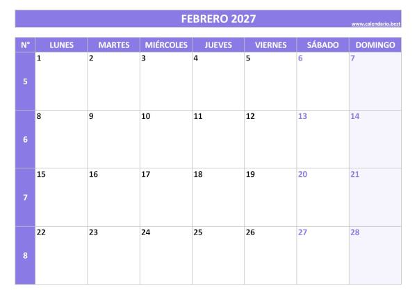 Calendario febrero 2027 con números de semana para imprimir gratis, plantilla morada (PDF y JPG)