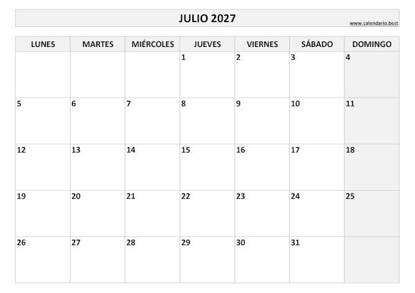 Calendario julio 2027 en blanco y negro para imprimir gratis, plantilla básica (PDF y JPG)