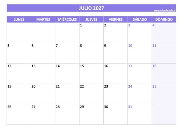 Calendario julio 2027 para imprimir gratis, diseño violeta elegante (PDF y JPG)