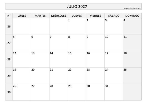 Calendario julio 2027 con números de semana para imprimir gratis, plantilla en blanco y negro (PDF y JPG)