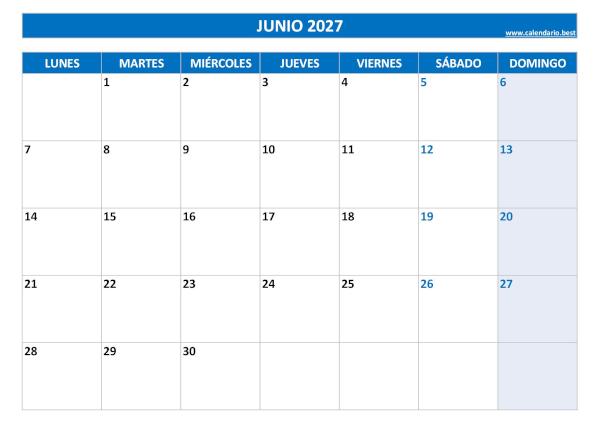 Calendario de junio de 2027 en blanco para imprimir