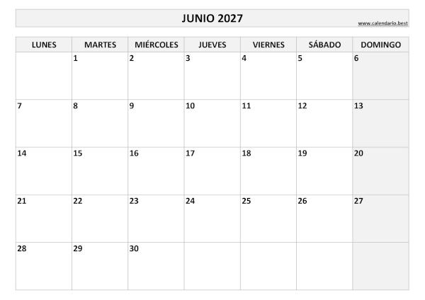 Calendario junio 2027 en blanco y negro para imprimir gratis, plantilla básica (PDF y JPG)