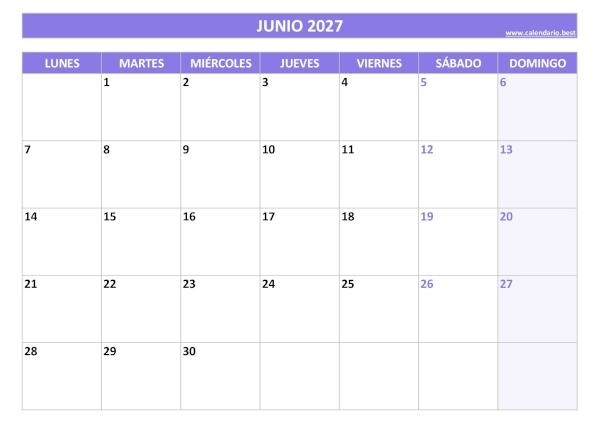 Calendario junio 2027 para imprimir gratis, diseño violeta elegante (PDF y JPG)