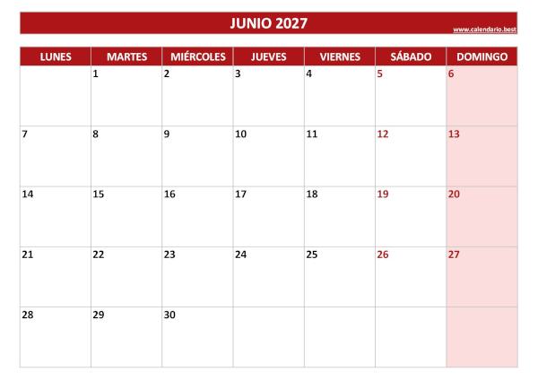 Calendario junio 2027 para imprimir en blanco, plantilla roja (PDF y JPG)
