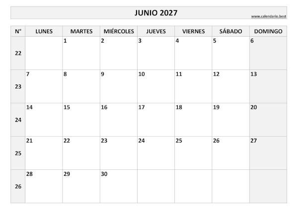 Calendario junio 2027 con números de semana para imprimir gratis, plantilla en blanco y negro (PDF y JPG)