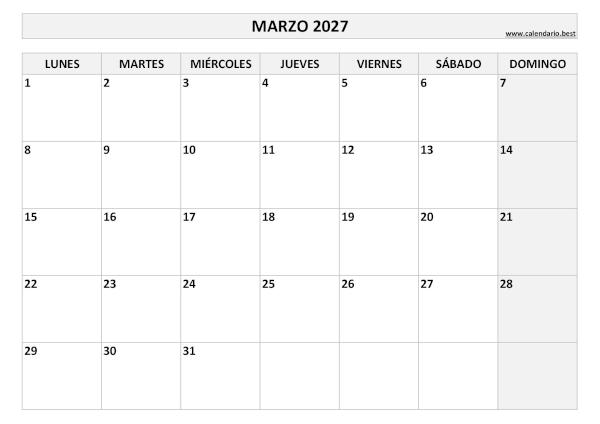 Calendario marzo 2027 en blanco y negro para imprimir gratis, plantilla básica (PDF y JPG)