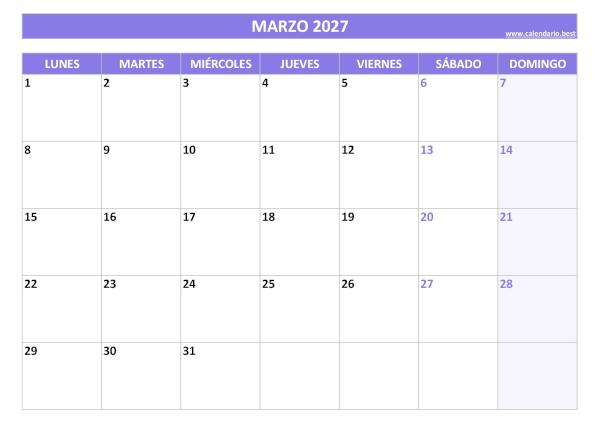 Calendario marzo 2027 para imprimir gratis, diseño violeta elegante (PDF y JPG)