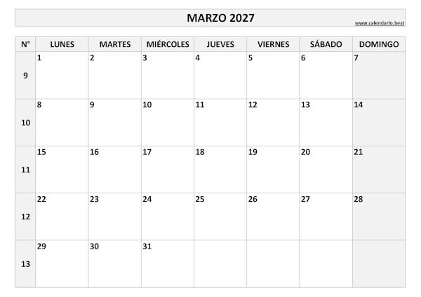 Calendario marzo 2027 con números de semana para imprimir gratis, plantilla en blanco y negro (PDF y JPG)