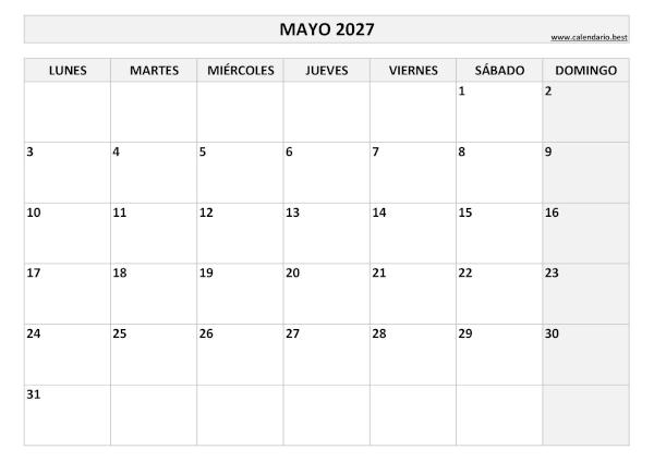 Calendario mayo 2027 en blanco y negro para imprimir gratis, plantilla básica (PDF y JPG)