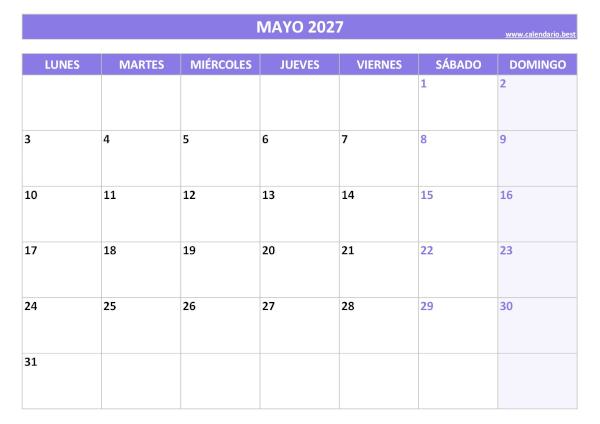 Calendario mayo 2027 para imprimir gratis, diseño violeta elegante (PDF y JPG)