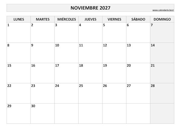 Calendario noviembre 2027 en blanco y negro para imprimir gratis, plantilla básica (PDF y JPG)