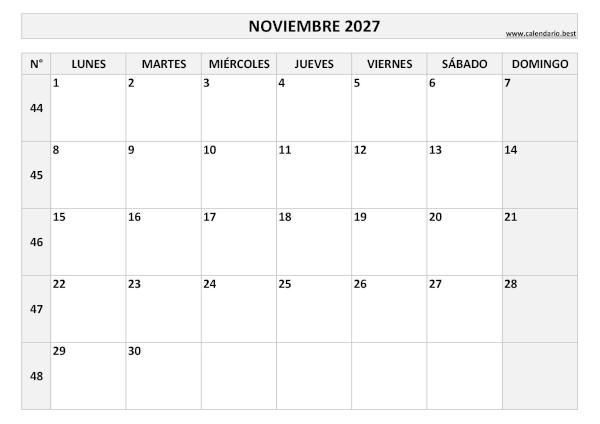 Calendario noviembre 2027 con números de semana para imprimir gratis, plantilla en blanco y negro (PDF y JPG)