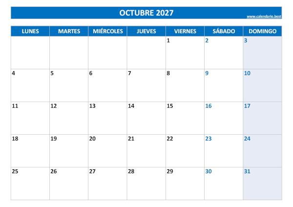 Calendario de octubre de 2027 en blanco para imprimir gratis, plantilla azul, descarga gratis en PDF o JPG Calendario de octubre de 2027 en blanco para imprimir