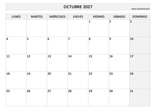 Calendario octubre 2027 en blanco y negro para imprimir gratis, plantilla básica (PDF y JPG)