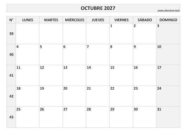 Calendario octubre 2027 con números de semana para imprimir gratis, plantilla en blanco y negro (PDF y JPG)