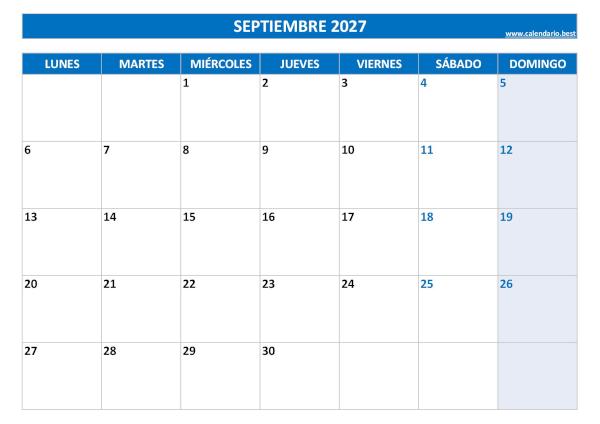 Calendario de septiembre de 2027 en blanco para imprimir gratis, plantilla azul, descarga gratis en PDF o JPG Calendario de septiembre de 2027 en blanco para imprimir