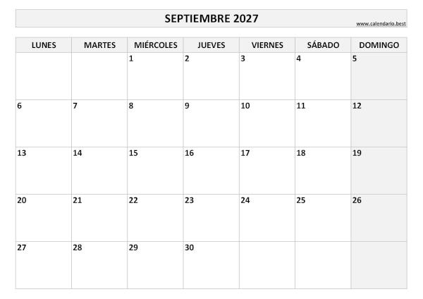 Calendario septiembre 2027 en blanco y negro para imprimir gratis, plantilla básica (PDF y JPG)