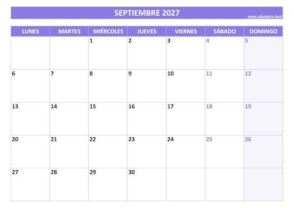 Calendario septiembre 2027 para imprimir gratis, diseño violeta elegante (PDF y JPG)