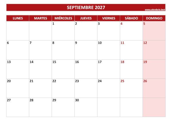 Calendario septiembre 2027 para imprimir en blanco, plantilla roja (PDF y JPG)