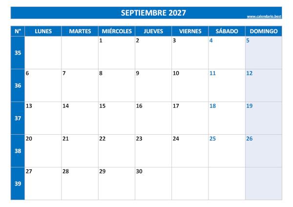 Calendario septiembre 2027 con números de semana para imprimir gratis, plantilla azul (PDF y JPG)