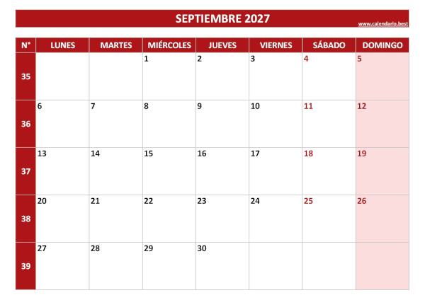 Calendario septiembre 2027 con números de semana para imprimir gratis, plantilla roja (PDF y JPG)