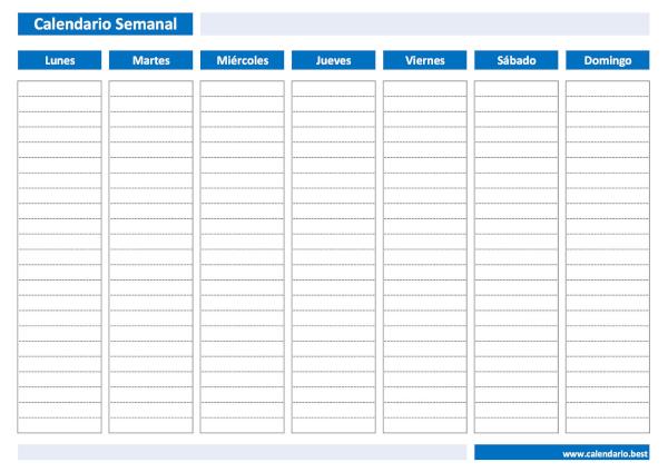 Calendario semanal en blanco PDF para imprimir (plantilla con líneas) - Versión Azul