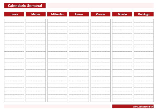 Calendario semanal en blanco PDF para imprimir (plantilla con líneas) - Versión Rojo